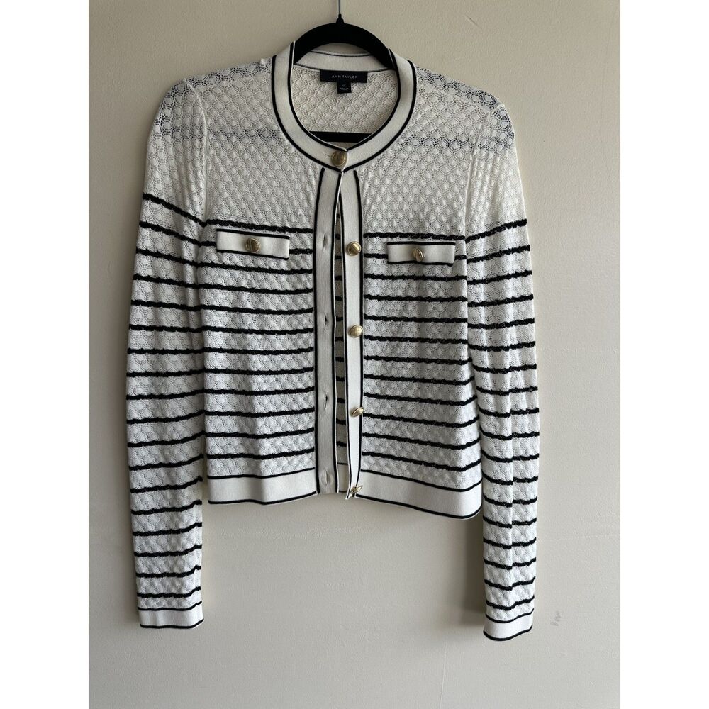Ann Taylor SP Black White Striped Pointelle Knit Lady Jacket Cardigan - Picture 4 of 13